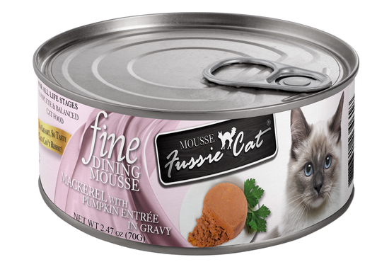 Fussie Cat Dining Mousse Mackerel with Pumpkin in Gravy Cat Food Can